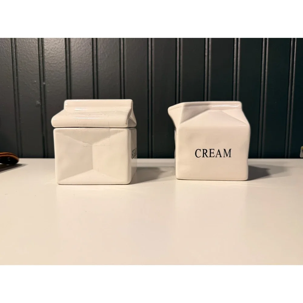 World Market White Ceramic Milk Carton Sugar and Creamer Set Stoneware